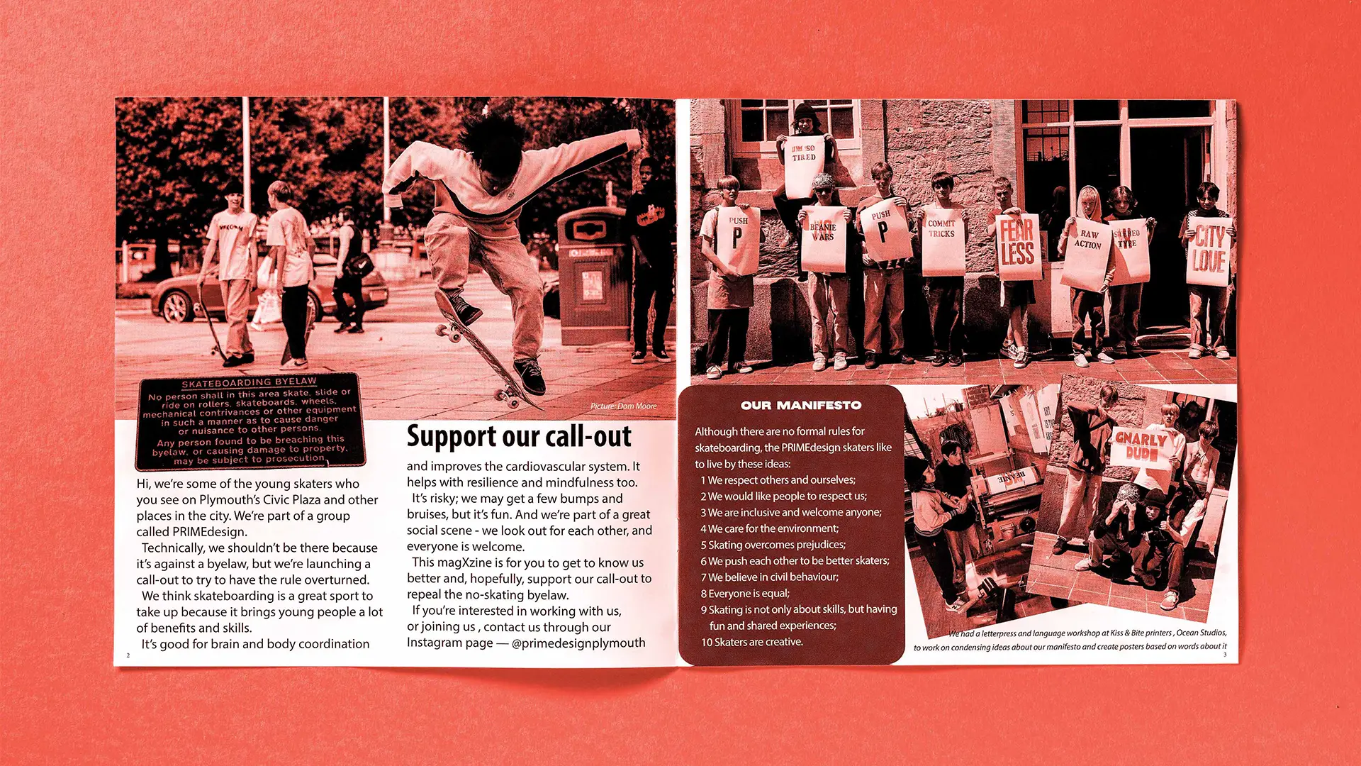 A pamphlet featuring a group of young people, some skateboarding and others holding signs in support of a local initiative. It discusses a project called "PRIMEDesign" aimed at promoting health and community engagement through skateboarding. The text invites support and outlines the group's manifesto.